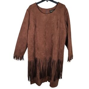 Western Rodeo Susanna Brown Faux Suede Fringe Long Sleeve Dress‎ Size 20
